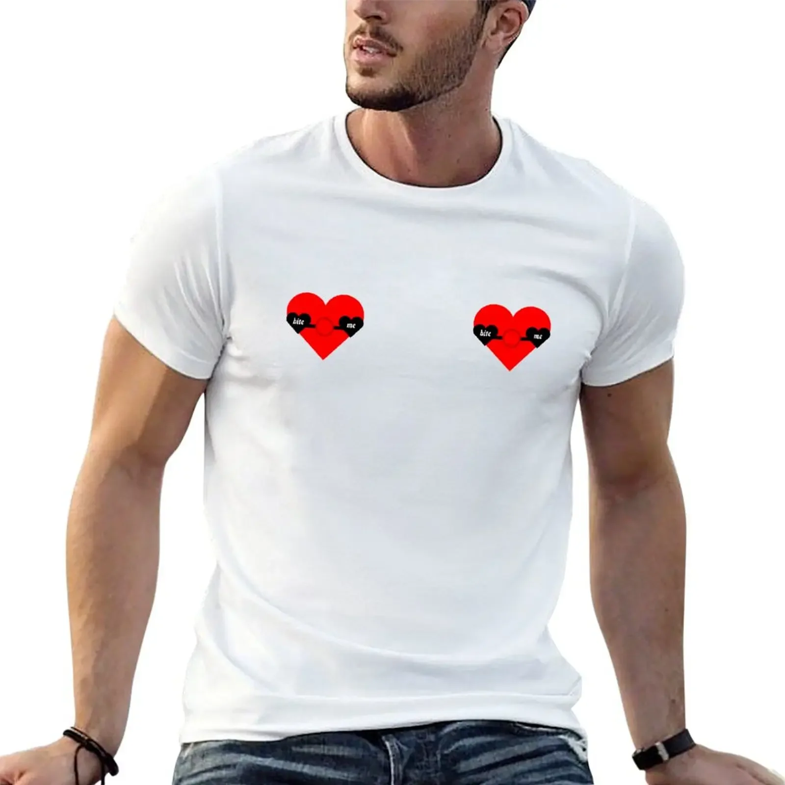 Please me | Cute Heart Nipple with Piercing T-Shirt summer shirt boys animal print quick-drying Men's t-shirts