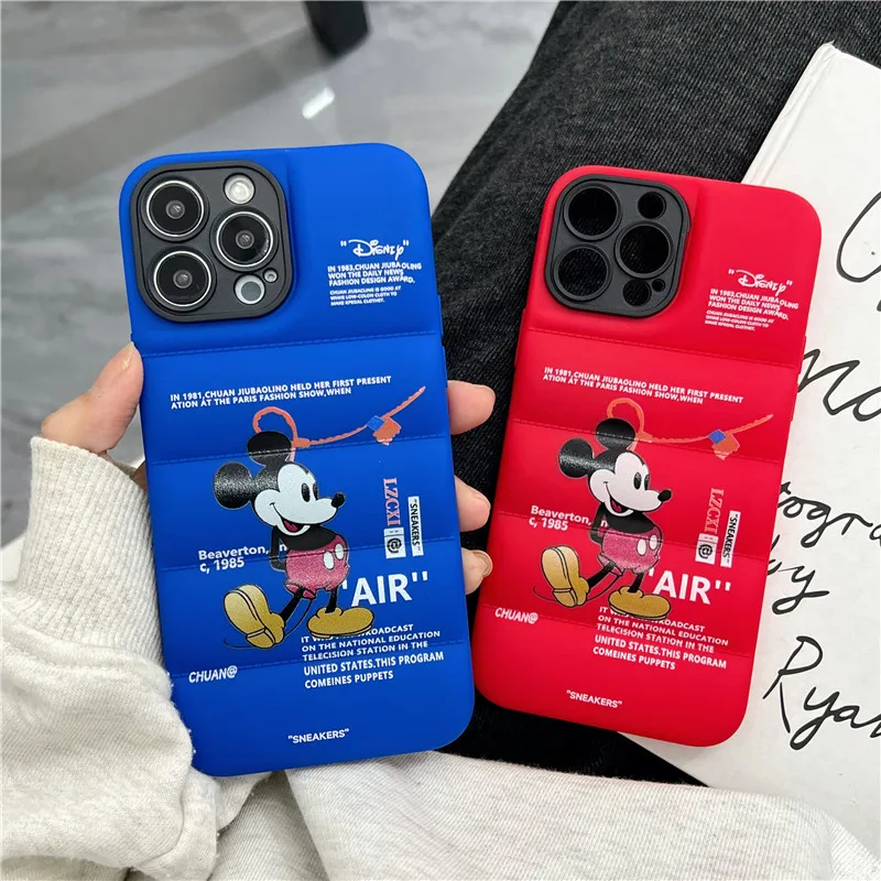 New Luxury Down Coat Cloth Coat cartoon Mickey Mouse phone case for iPhone 16 Pro 11 12 13 15 14 Pro Max soft Puffer Protecte 