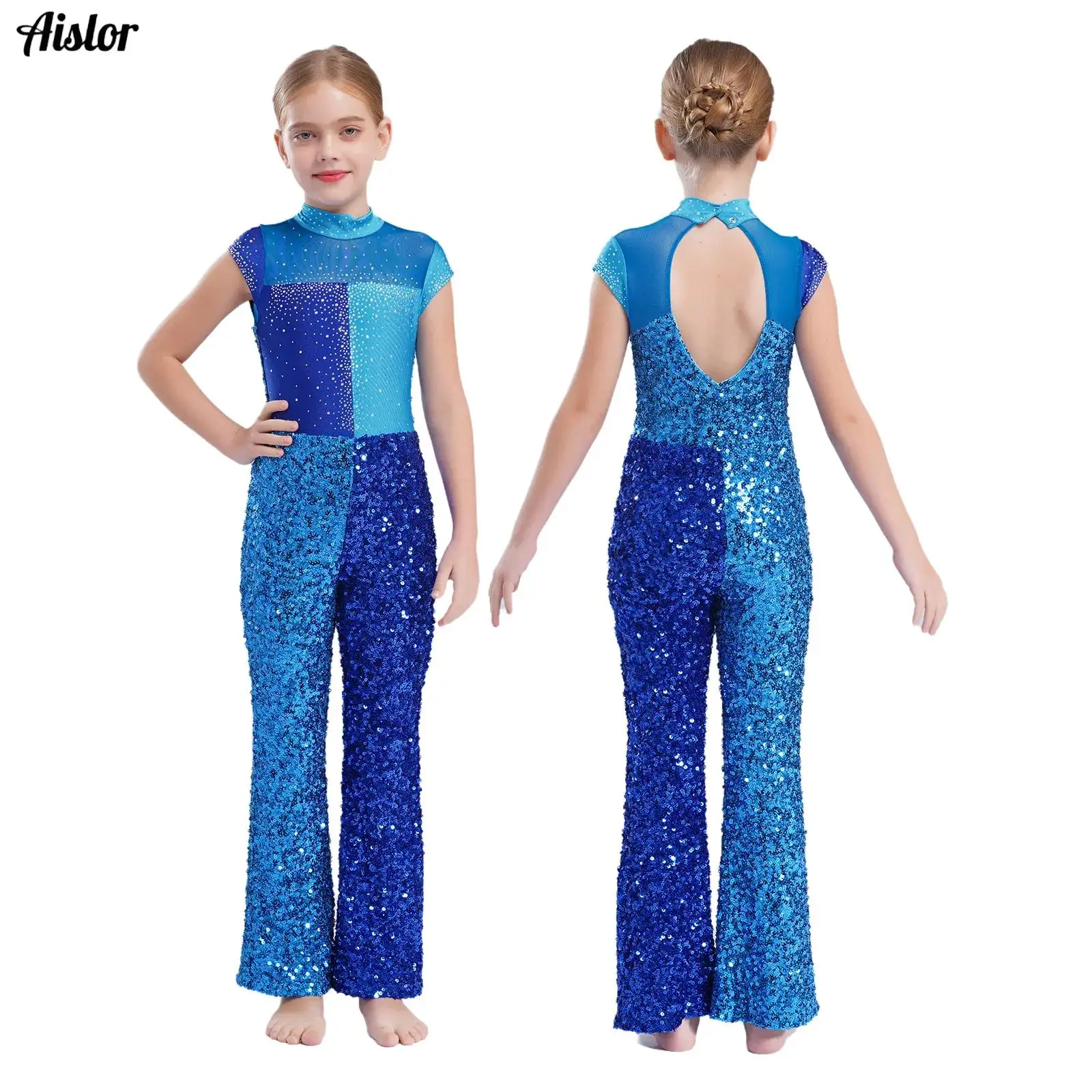 

Kids Girls Glittery Sequins Dance Jumpsuit Jazz Dance Costume Mock Neck Sleeveless Keyhole Back Color Block Rompers Dancewear