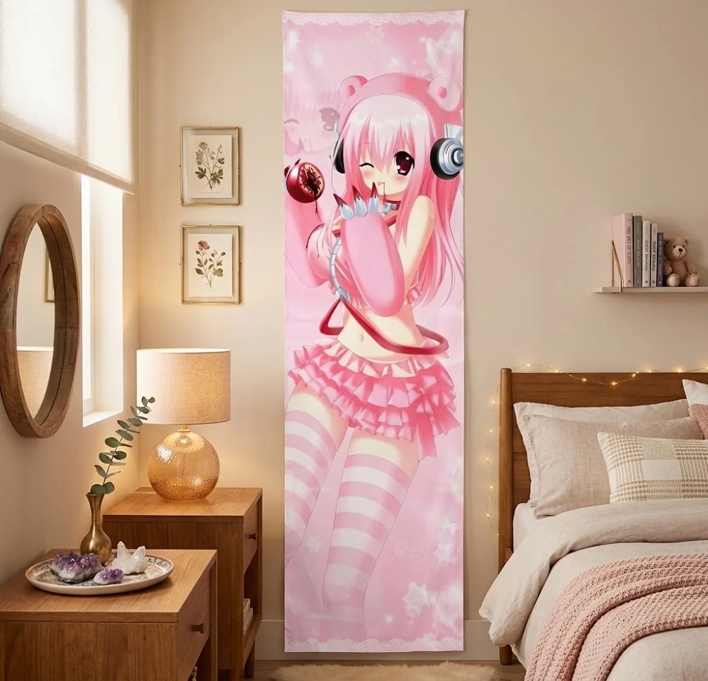 Kawaii Anime Wall Tapestry Super Sonico Gloomy Bear Pink Star Blanket, Otaku Dorm Decor Wall Hanging Tapestry for Bedroom