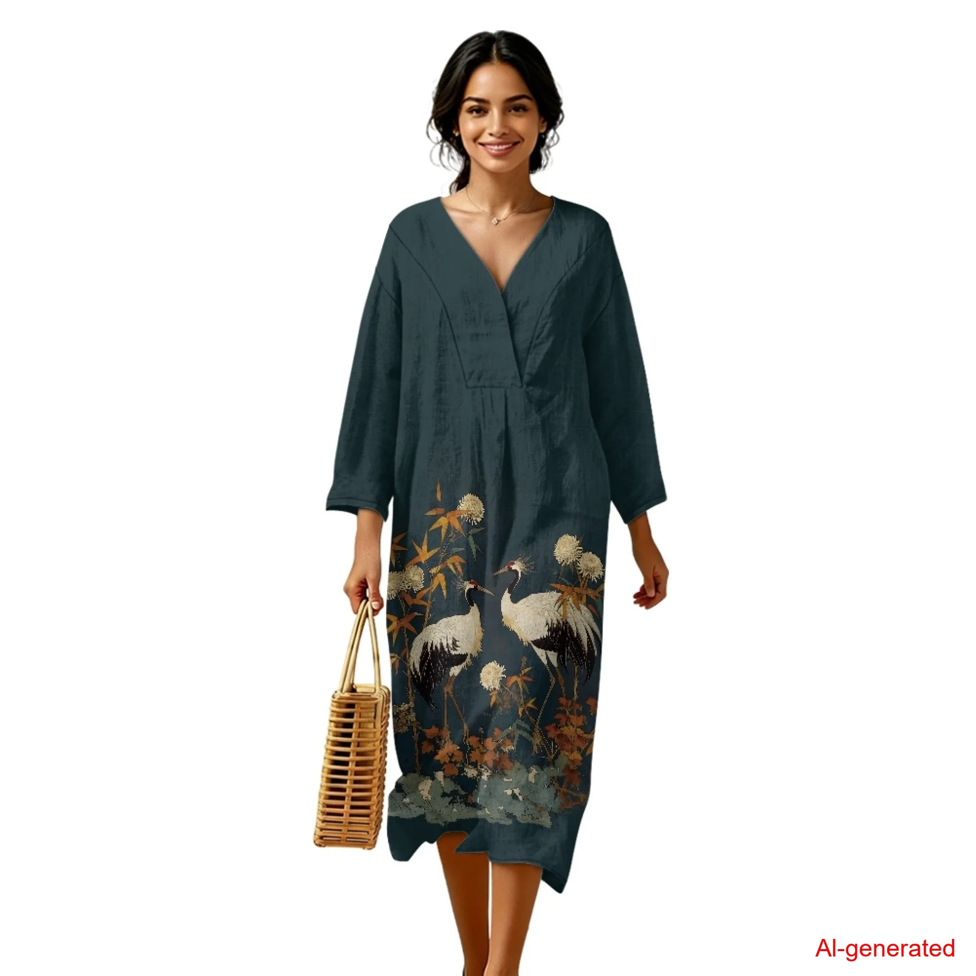 

INSTANTARTS Women's Linen Loose Dress Chinese Style Crane Womens Linen Maxi Dresses Casual Dress for Women V Neck 3/4 Sleeve