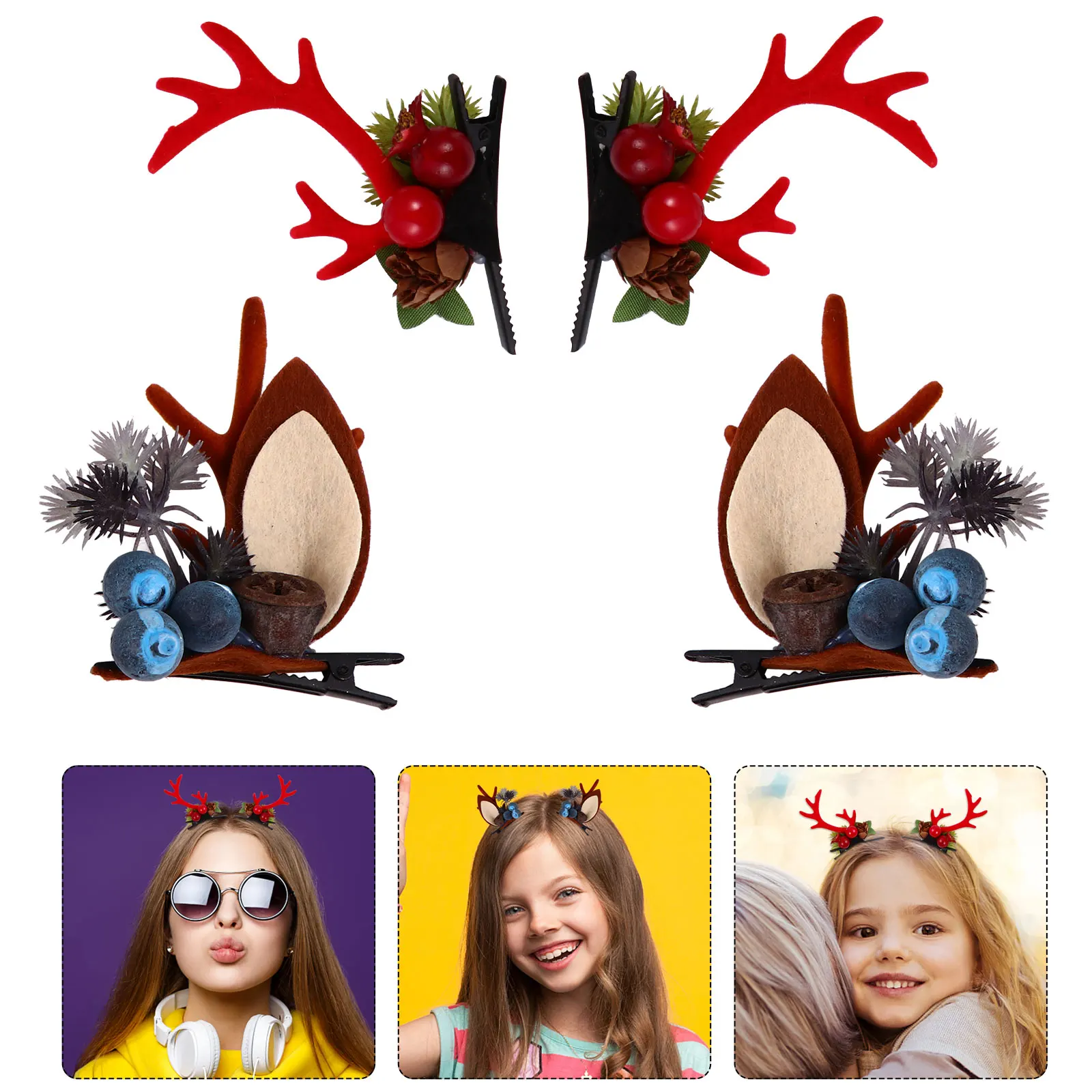 

2 Pairs Antler Hair Clips Reindeer Accessories Cute Christmas Girls Women Metal Plastic Bright Colors Wedding Party Photography