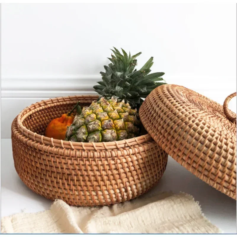 

New Rattan Storage Box with Cover Handwoven Tray Round Wicker Basket Bread Food Plate Fruit Cake Platter Dinner Serving Tray