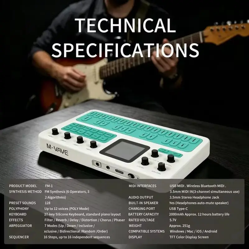 Hot M‑Vave Fm1 Sk15 Portable Synthesizer 27keys 3channel Midi Interface Tft Display 12h Playtime Music Creation Live Performance