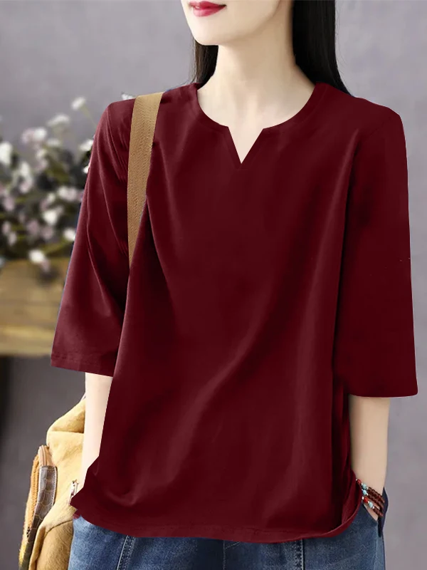 Women's Cotton V-Ne Mid-Sve T-irt Loose Fit Summer New Sle plus Size Slimming Belly Cover Versatile Casual Top