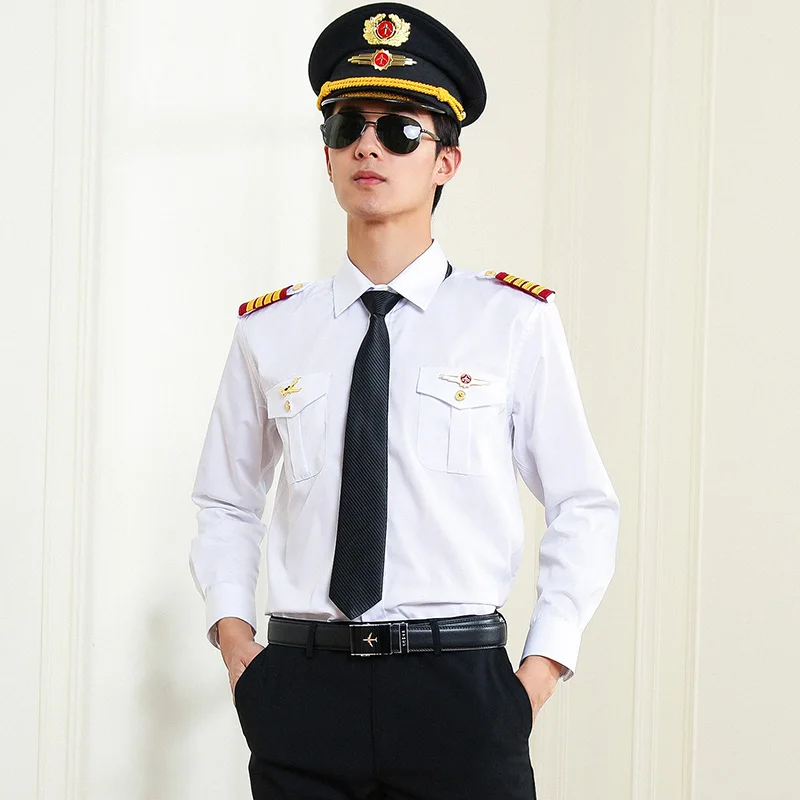 Pilot Uniform Shirt Piloto Avion Airline Shirts Hair Stylist Fashion Slim Fit White Workwear Flight Attendant Men Plus Size