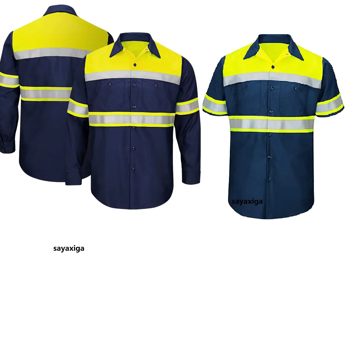 Two Tone Long Sleeve Cotton Safety Polo Shirt blue High Visibility Reflective Shirt With Pockets Hi vis work shirt gas station