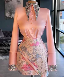 Pink Two Pieces Cocktail Dresses Sheath Long Sleeves Short Mini Crystals Homecoming Dresses Haute Couture