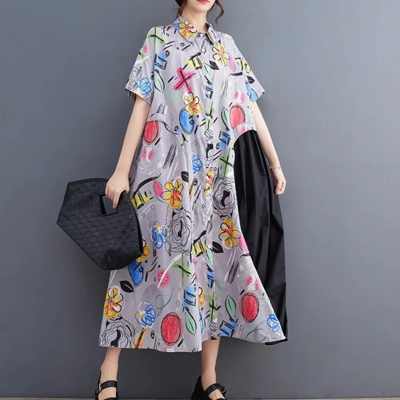 #0154 Summer Vintage Printed Front Button Long Shirt Dress Women Short Sleeve Loose A-line Midi Dress Female Loose Split Joint