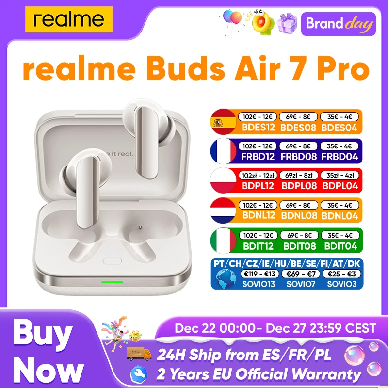 realme Buds Air 7 Pro Ai Bluetooth écouteur 53Db 5000Hz suppression du bruit Bt 5.4 48 heures d'autonomie haute résolution Lhdc 5.0 Ip55 nouveau