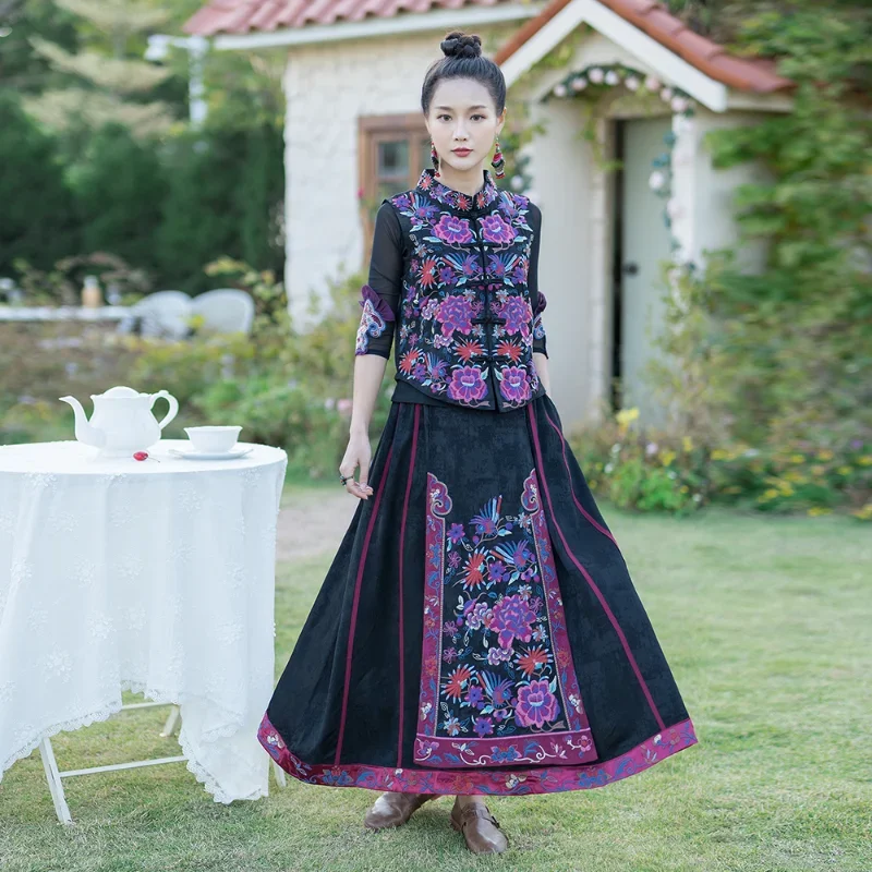 Imagem -04 - Saia Maxi Retro Plissada Estilo Nacional Bordado de Indústria Pesada Cara de Cavalo Melhorada Roupa Tradicional Chinesa