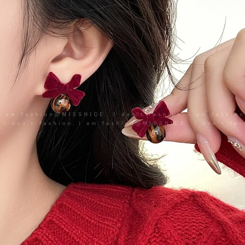 Red Flocked Bow Leopard Print Ball Stud Earrings Fall Winter Retro Unique Design Vintage Hypoallergenic Lightweight for Women