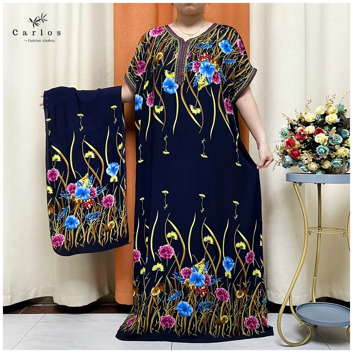 

New Design 2024 Summer Dress Short Sleeve Embroidery Women Loose Maxi Robe Floral Femme Musulmane African Printing Floral Abaya