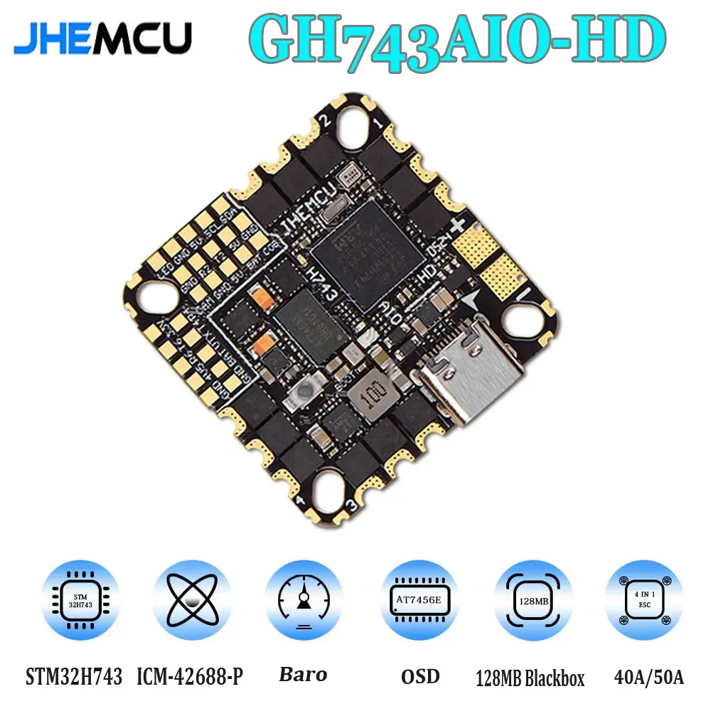 JHEMCU GH743AIO 40A 50A Integrated Flight Control FPV Crossover Aircraft AM32 Bit Electric Adjustment 3-6S