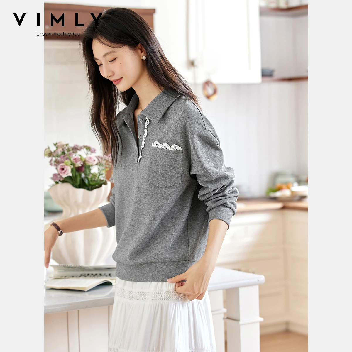 VIMLY Sports Women Grey Sweatshirts Autumn 2025 Lace Splicing Turn-down Neck Knitted Female Sweatshirt Loose Ladies Tops A2225