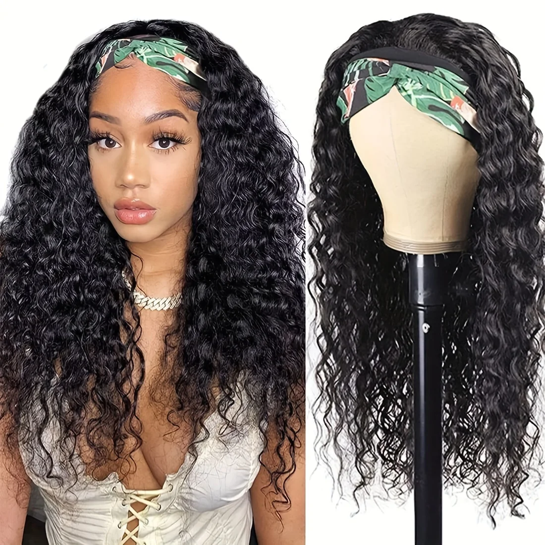 

Headband Wig Human Hair Deep Wave Wigs Human Hair Machine Made Wigs Glueless Curly Hair Headband Half Wigs for Black Women