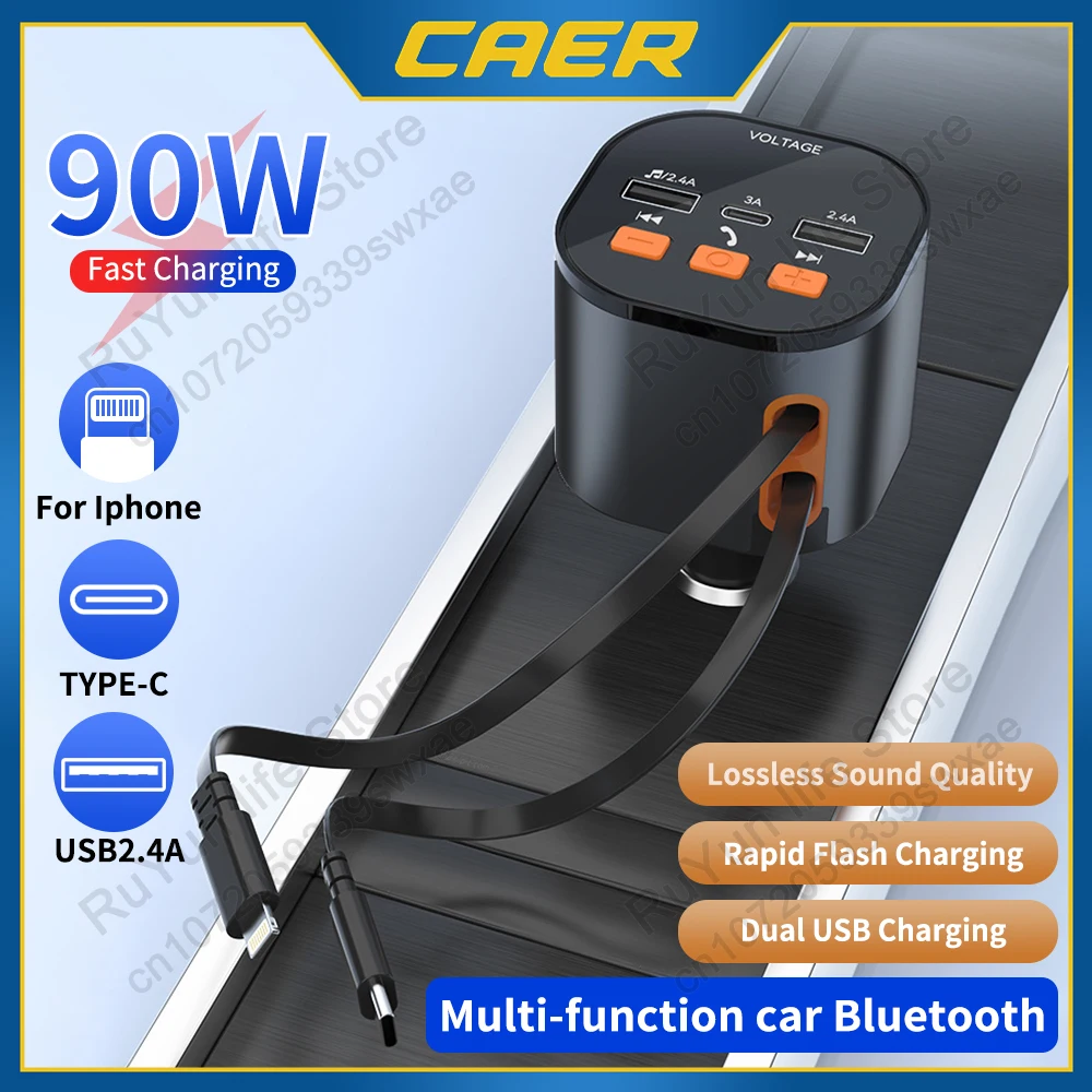 

Car Retractable Fast Charger PD Bluetooth Cigarette Lighter Adapter Dual USB Type C Lightning Cable iPhone 13 14 Car Accessories