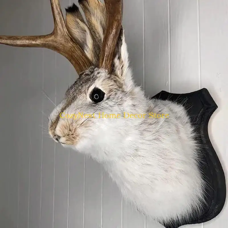 92MF Rabbit Head Wall Decor Deer Antlers Wall Sculpture Resin Animal Statues Hanging Decor for Christmas Home Living Room