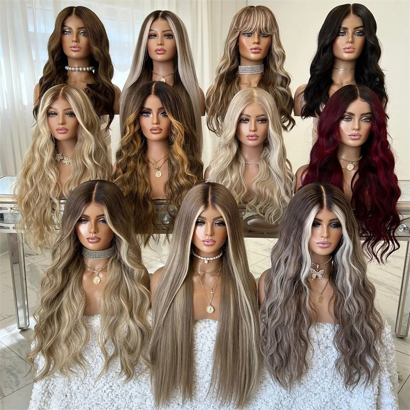 탑 글루리스 가발 13x4 옴브레 플래티넘 브라운 하이라이트 합성 레이스 프론트 가발 (자연스러운 밀도, 내열성 섬유, 26인치)