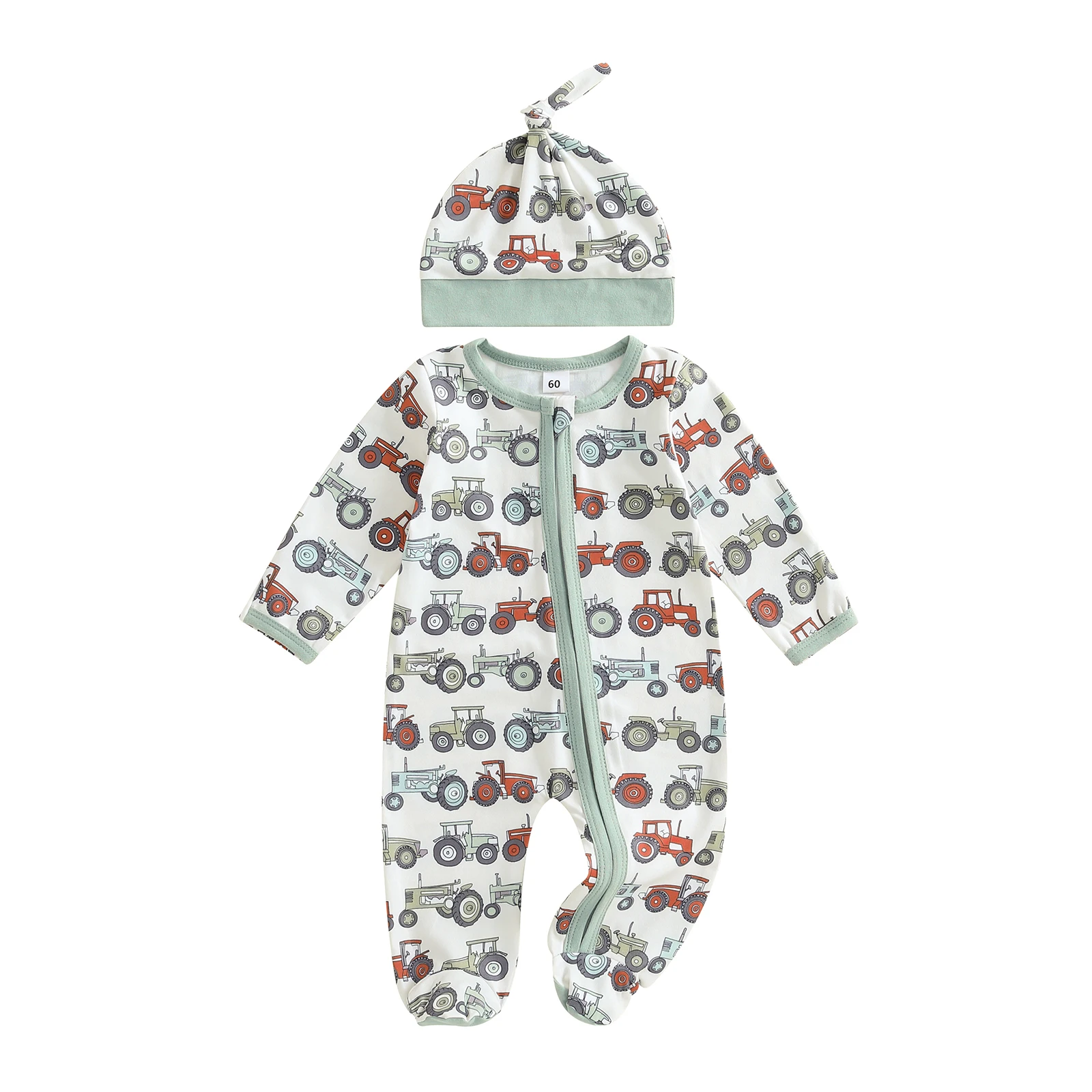 

Infant Baby Fall Footed Romper Cute Tractor Pattern Round Neck Long Sleeve Zipper Jumpsuit with Hat