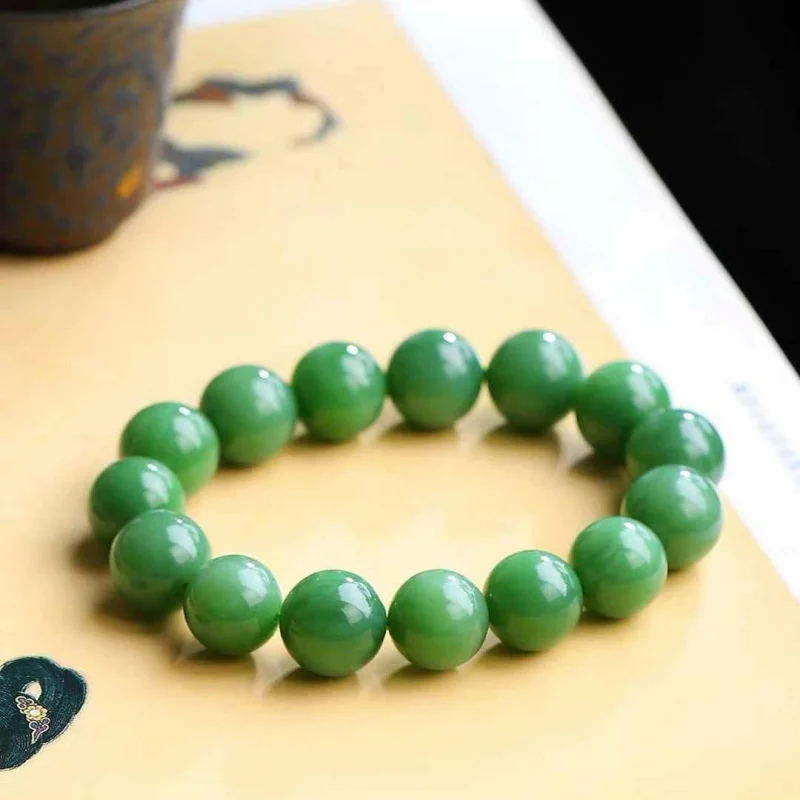 

Браслет из натурального хотанского нефрита (российский материал), старинный жадеит, круглые бусины