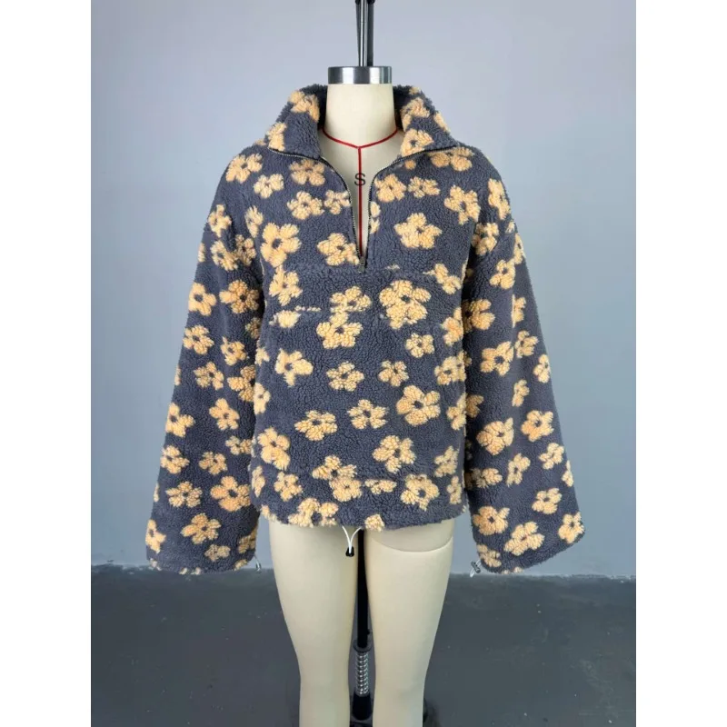 Women's Clothing Autumn Winter Warm Lambswool Jacket Zipper Sweatshirt Patchwork New Stand-up Collar Print Coat Versatile Loose