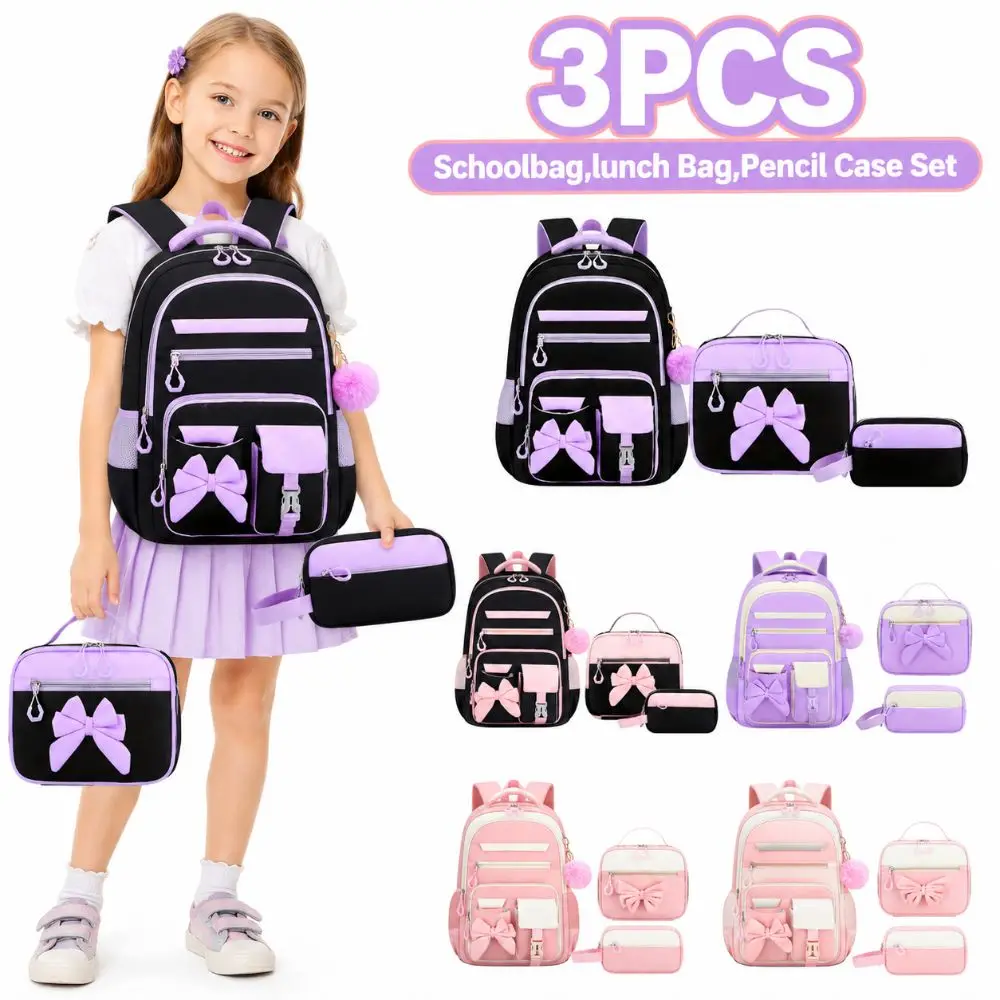 3PCS Cartoon Backpack,lunch Bag,Pencil Case Set Oxford Cloth Waterproof Bow-knot Schoolbag Set Lightweight Large Capacity