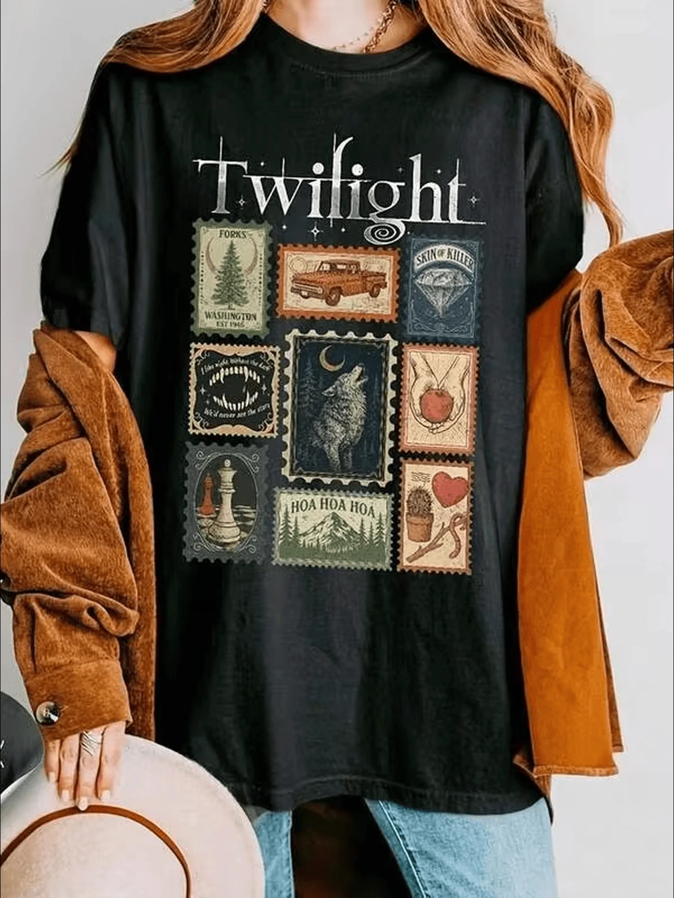 Summer Women's Twilight Vintage Stamp  Print T-shirt Cotton and Breathable Short Sleeve Streetwear Oversized Loose Casual