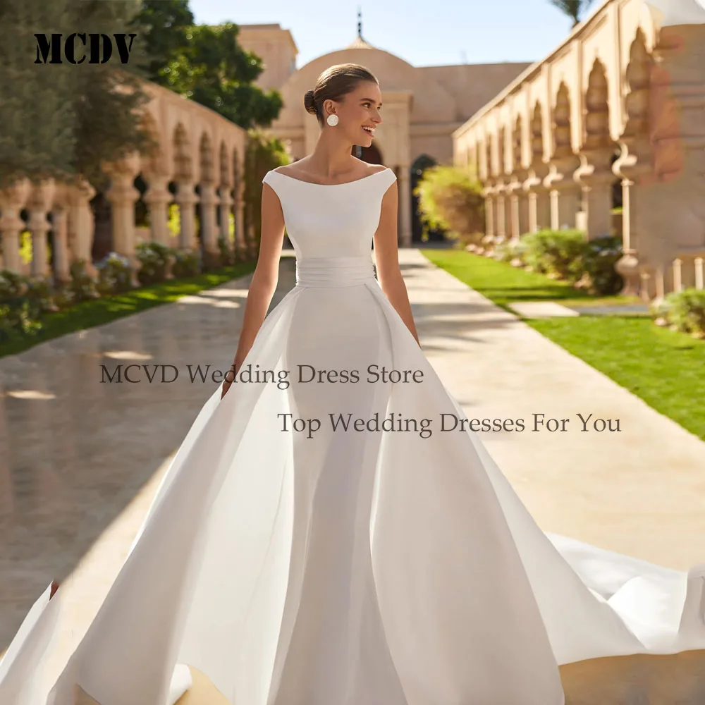 

MCDV Simple Stain Wedding Dress 2025 Luxury Detachable Train Pastoral Cap Sleeve Boat Neck Mermaid Button Back Customized