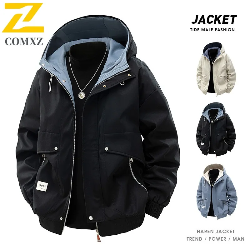 

COMXZ Spring Autumn Plus Size Men Hooded Loose Fit Workwear Trendy Hong Kong Style Waterproof Windproof lightweight windbreaker