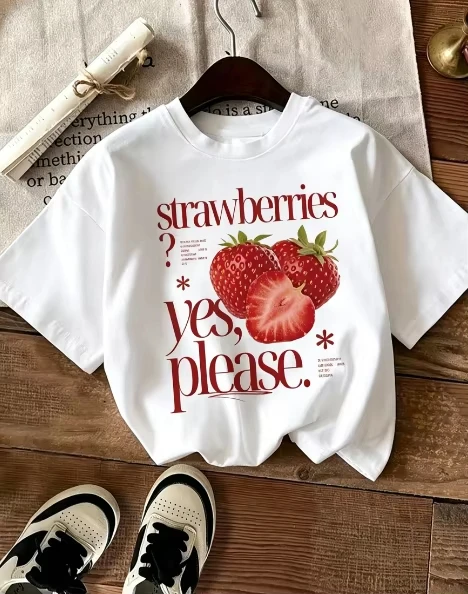Strawberries Letter Strawberry Print Short Sleeve Crew Neck T-shirt Summer Short Sleeved Harajuku Streetwear Aesthetic Clothe