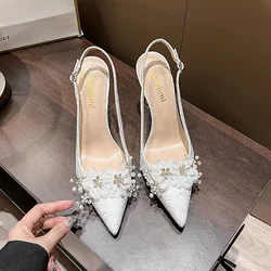 French Bride Gold Wedding Shoes Slim Heels, Pointed Toe, Shallow Mouth Flower Water Diamond High Heels, Headband, Back Hollow