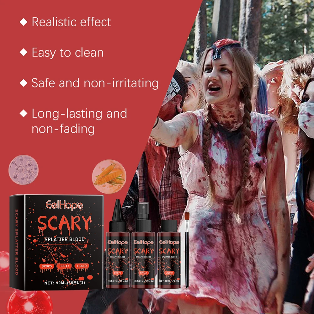 Halloween kit de maquiagem de sangue falso kit de maquiagem sfx de sangue falso não tóxico conjunto de maquiagem de terror lavável de longa duração para zumbi vampiro