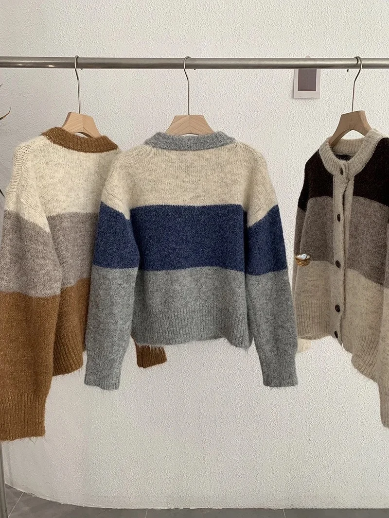 Korean Sle round Ne Knitted Open Cardigan Women's Autumn Winter New Soft Cozy Striped Color Blo Casual Sweater Jaet