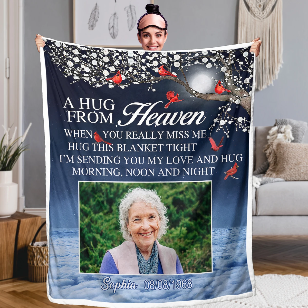 Amiable Grandmother and Red Birds Printed Sherpa Fleece Blanket for All Seasons Soft Blanket For Home Bedroom Sofa Decor