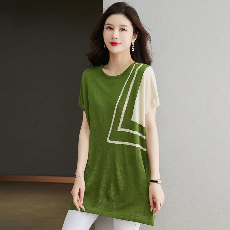 Women Summer Simplicity Loose Fashion Large Size Appear Thin Ice Shreds O-neck Short Sleeve T-Shirt Ladies Casual All-match Tops