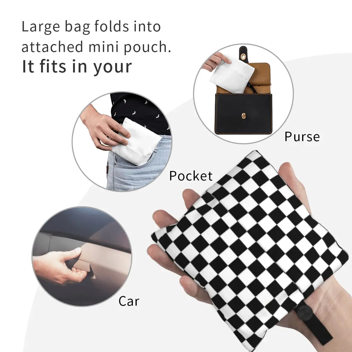 Black And White Grocery Bags Durable Large Reusable Recycle Heavy Duty Checkerboard Shopping Tote Bag Washable Lightweight image 4