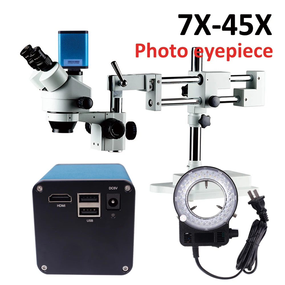 7-45X Adjustable Zoom Microscopio Double Boom Stand Cellphone Repair Trinocular Stereo Microscope With Digital Camera 1080p