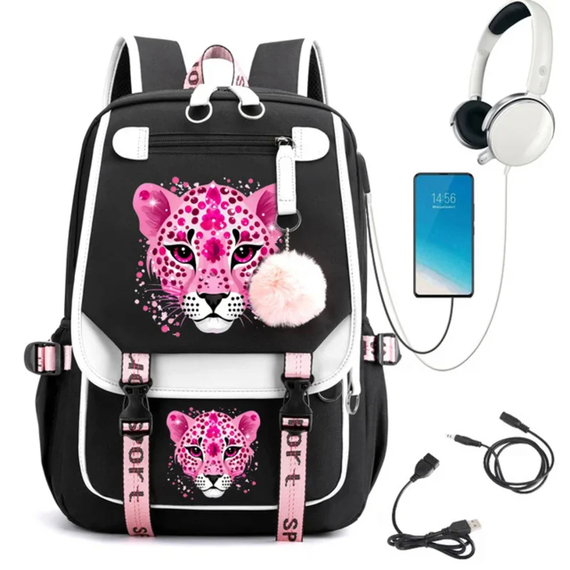 Bella scuola di cartoni animati con stampa leopardata per studenti adolescenti Borsa per libri USB Borsa per zaino per adolescenti per laptop anime