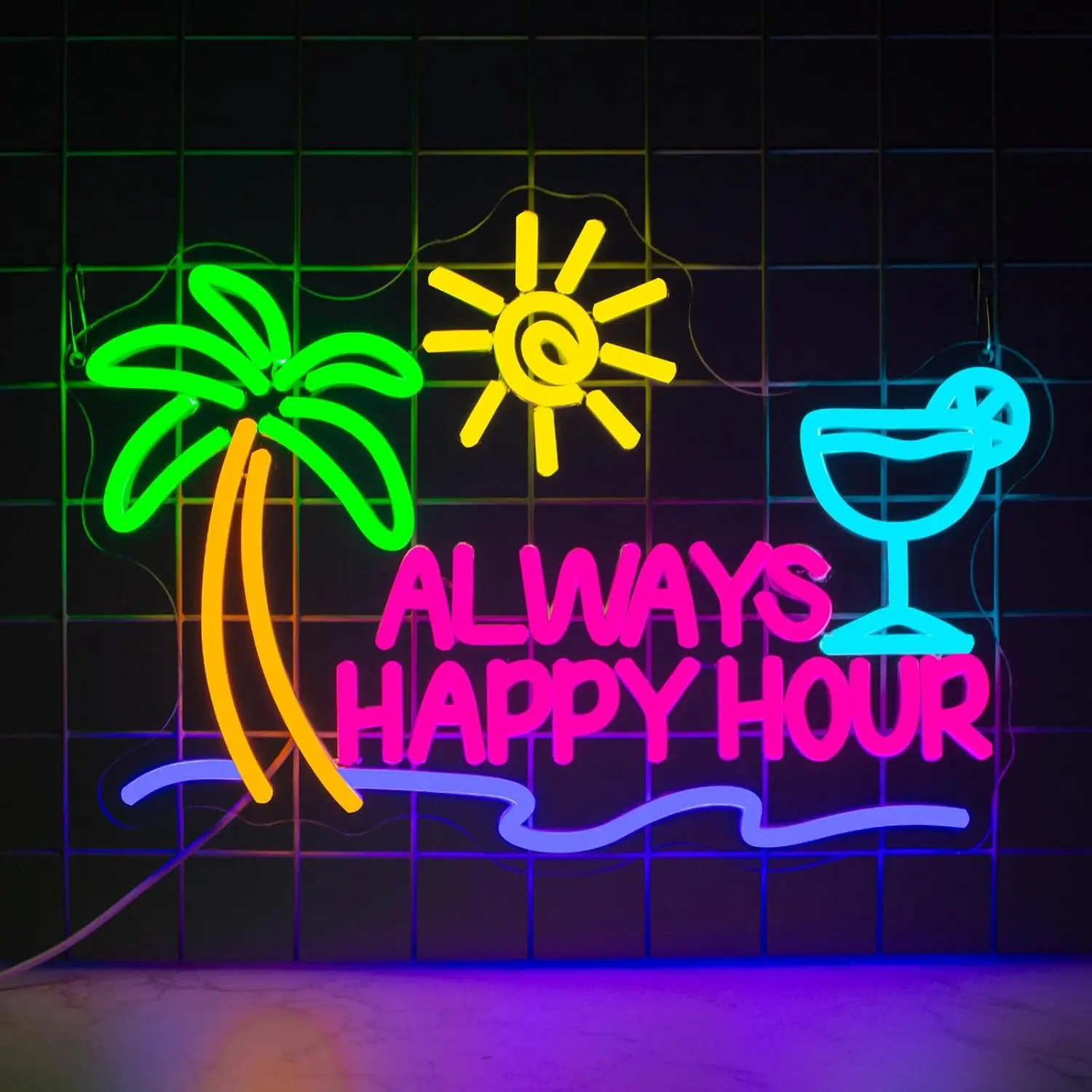 

Always Happy Hour Neon Sign USB LED Light for Tiki Bar Club Restaurant Party Bedroom Decoration personnalisé Gift Night Light