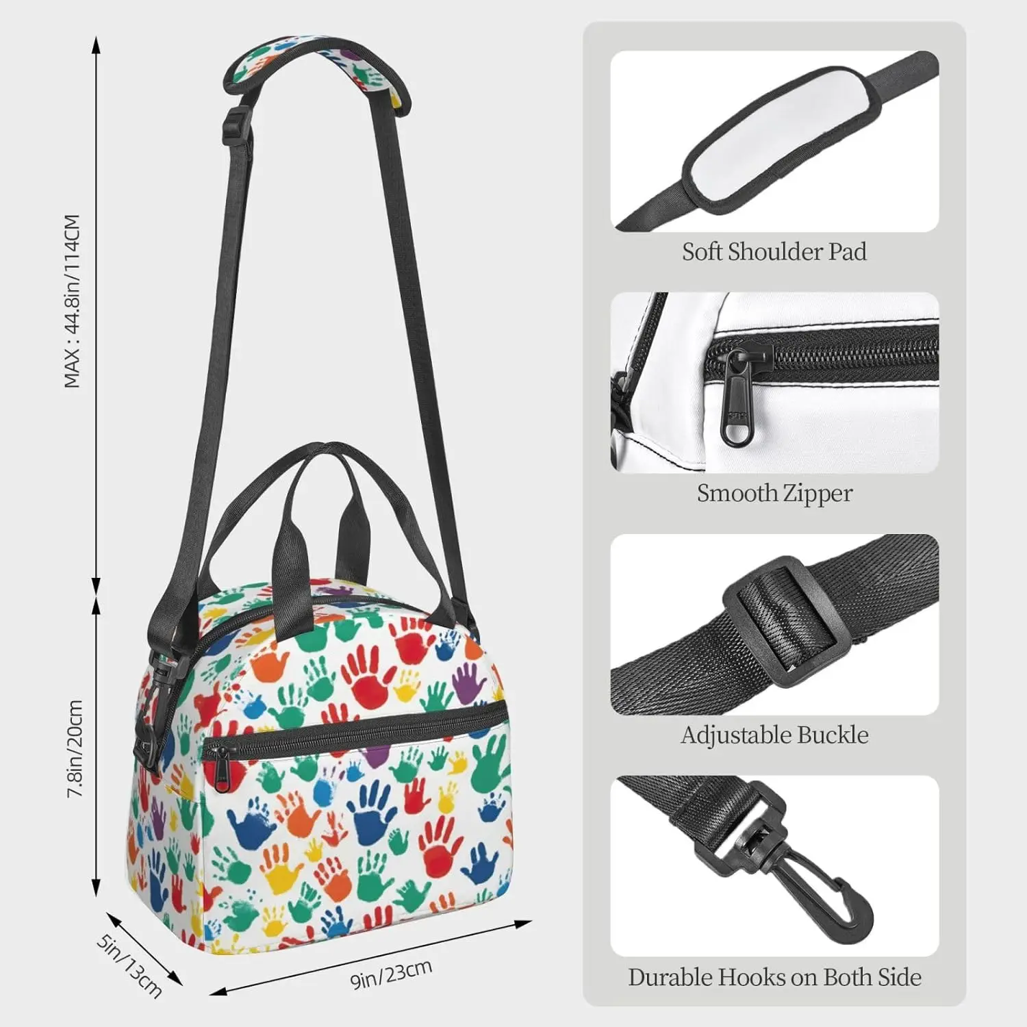 Hand Print Print Lunch Bag With Adjustable Shoulder Strap,Leakproof,Tote Bag For Office Work,Picnic And Outdoor