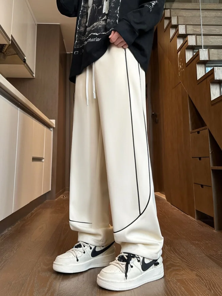 

American High Street Men's Straight Leg Pants Spring Loose Fit Heavyweight Sweatpants Casual Trousers with Stripe Splicing