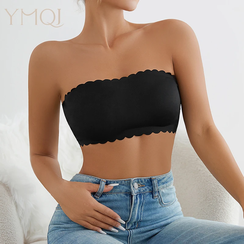 Hot Sale New Design Effective Slip-proof Scallop Side One Piece Bralette Padded Ice Silk Seamless Strapless Bra For Women