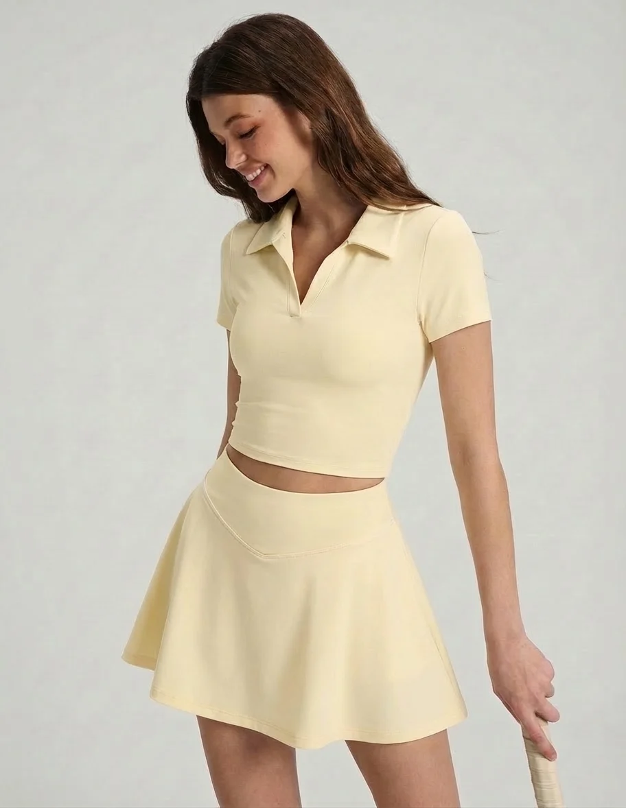 Women Lapel V Neck Cropped Short Sleeve Top High Waist A Line Mini Skirt Two Piece Outfit For Badminton Training