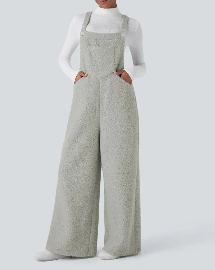 Women 2Pcs Outfit Set White Turtleneck Long Sleeve T-shirt + Teddy Fleece Bib Overalls Wide Leg Suspender Pants Autumn Winter Wa