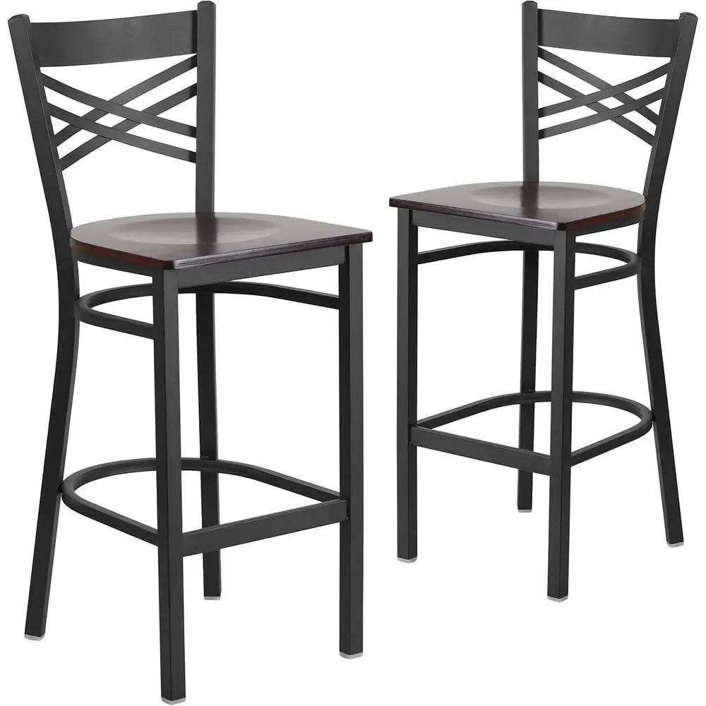 

Black Metal ''X'' Back Restaurant Barstool with Walnut Wood Seat