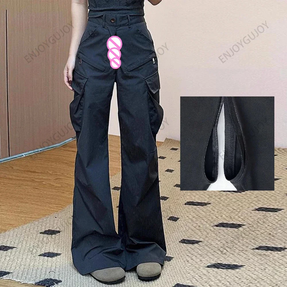 Vintage Loose，Micro-Flared Cargo Women's，Wide Leg Casual Pants，Exoticism Invisible Open Crotch Outdoor Sex，Women Secret Clothing