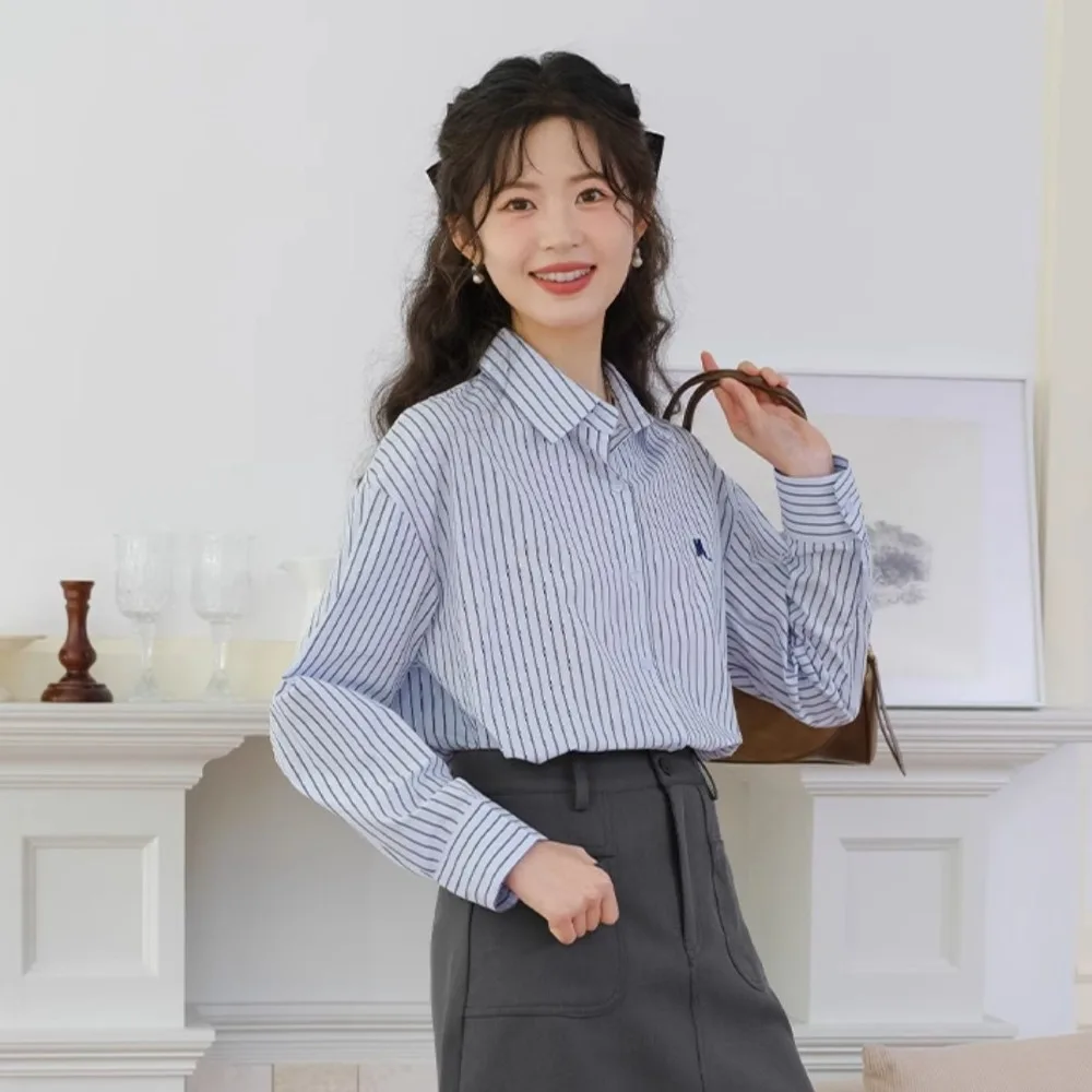 

Y2K Striped Shirts Women Preppy Style Embroidery Letter Two Pieces Set Blouse Button Up Loose Knitted Shawl Blouse Spring Autumn