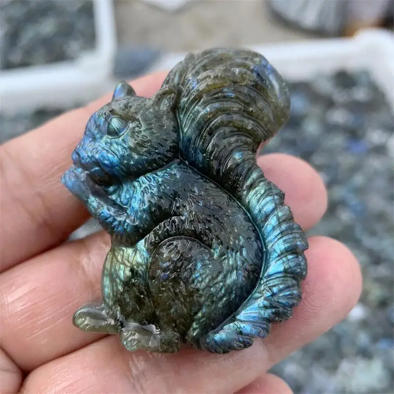 Natural Stone Labradorite Hand Carved Squirrel Crystal Fashion Animal Figurine Gifts Home Decoration Accessories