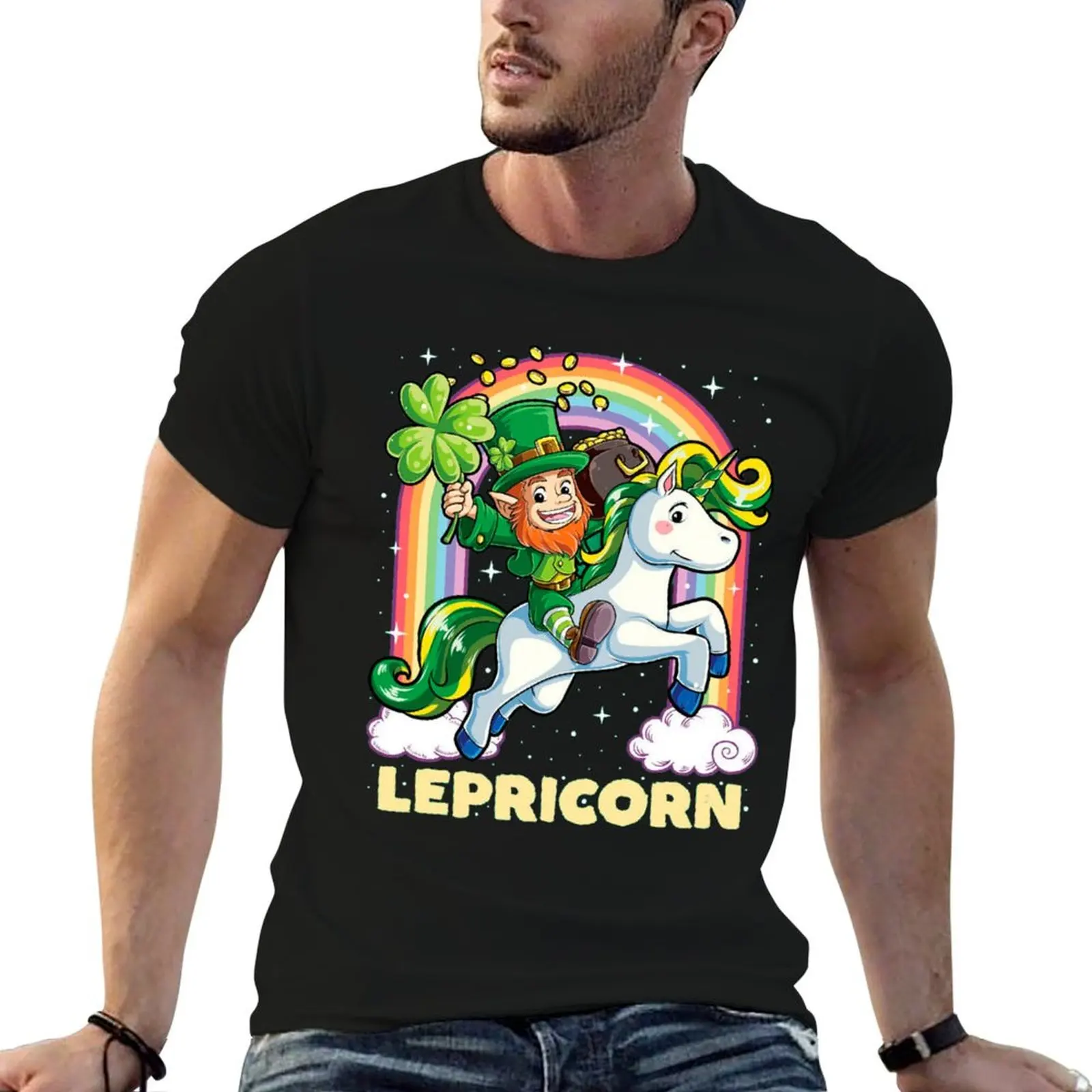 Leprechaun Riding Unicorn T-Shirt summer tops sports fans man t shirt oversized graphic tee plain t shirts men